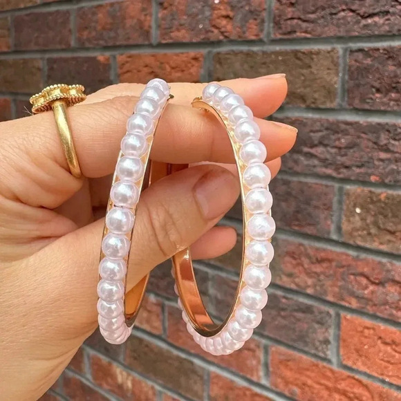 Pearl Hoop  Gold Earrings - Picture 3 of 7